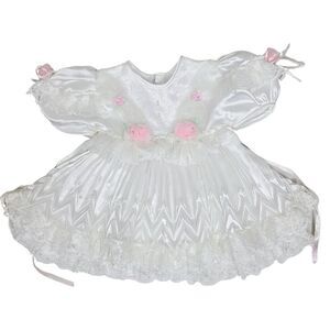 Vintage Kids Fashion Dress 18M White Poly Satin Lace Pink Rosettes Pleated Fancy